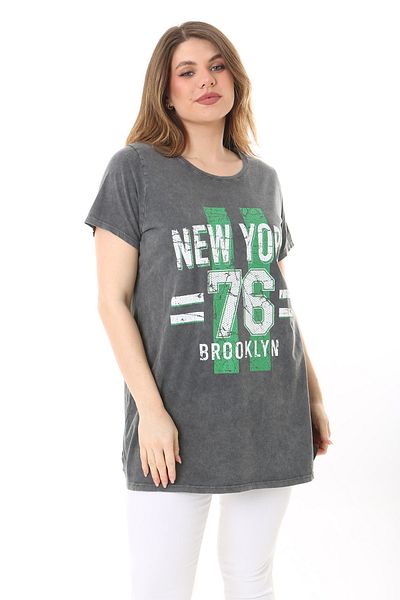 Şans Women's Large Size Smoked Cotton Fabric Front Printed Short Sleeve Blouse 65N37610