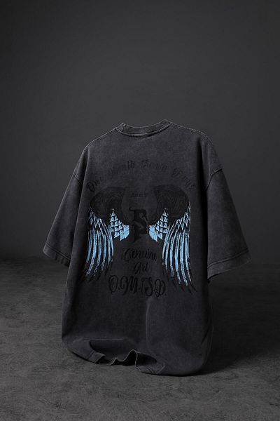 Slatra Ανδρικό μπλουζάκι Anthracite Wings Custom Washed Fabric Oversize
