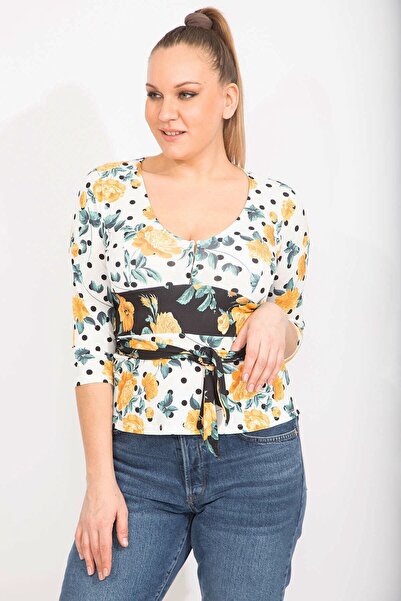 Şans Γυναικεία πολύχρωμη μπλούζα σε μεγάλο μέγεθος με γιακά και δέσιμο για ζώνη 65n35653