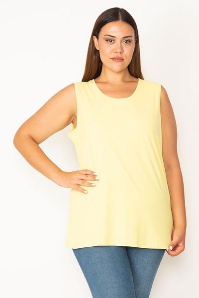 Şans Women's Large Size Yellow Cotton Fabric Crew Neck Sleeveless Blouse 65n27624