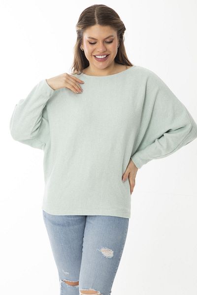 Şans Women's Large Size Green Bat Sleeve Self-Striped Wool Viscose Blouse 65N37007