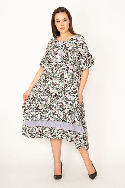 Şans Women's Colorful Collar Lace-up Hem Chiffon Ruffles and Smock Flounce Woven Viscose Dress 65N32511