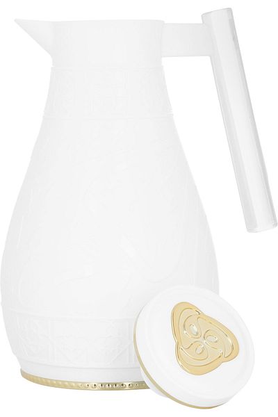 Alsaif Gallery A Set Of White Ceramic Thermos, Islamic Engraving, Acrylic Handle, Two Pieces