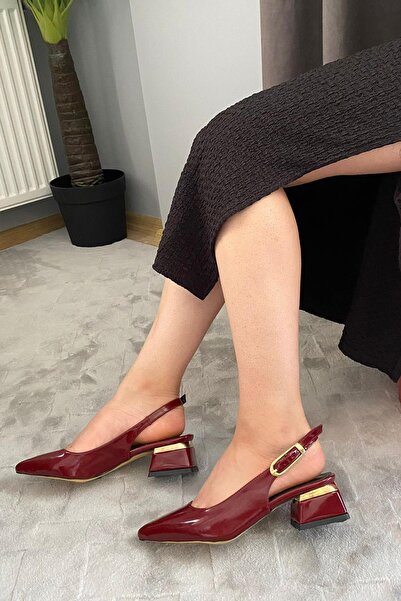 Preshley Women's Karmi Burgundy Patent Leather Open Back Pointed Toe 4 cm Thick Heeled Shoes