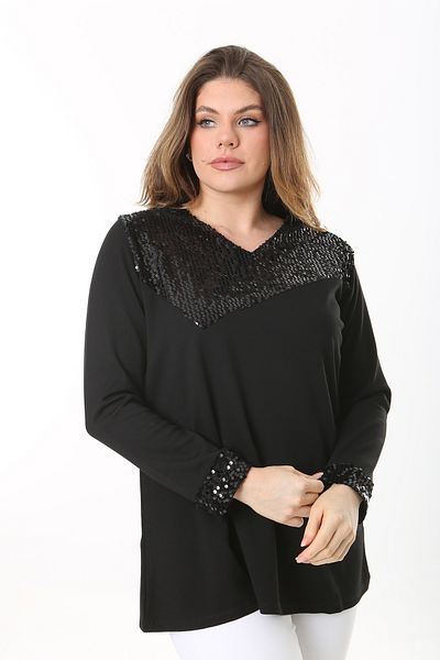 Şans Women's Plus Size Black Robe And Sleeve Sequin Detailed V-Neck Long Sleeve Blouse 65N37508