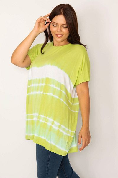 Şans Women's Large Size Green Batik Patterned Relaxed Cut Tunic 65n34204