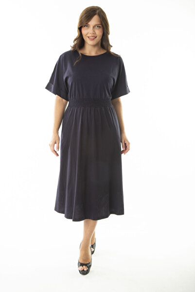 Şans Dámské velké, tmavě modré šaty v pase s elastickým detailem netopýřím rukávem 65N36900