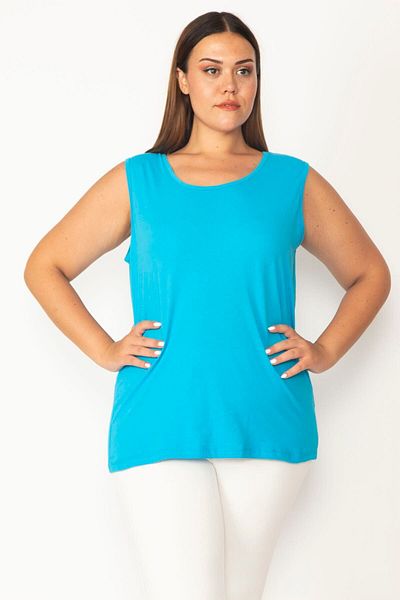 Şans Women's Plus Size Turquoise Cotton Fabric Crew Neck Sleeveless Blouse 65n27624