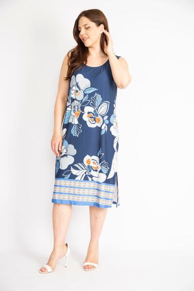 Şans Γυναικείο Αμάνικο φόρεμα Navy Blue Plus Size Πλαϊνό Σκίσιμο 65n36377