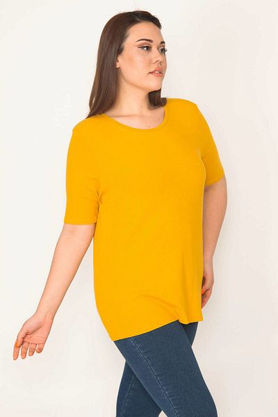 Şans Women's Plus Size Mustard Crew Neck Self-Striped Blouse 65n32636