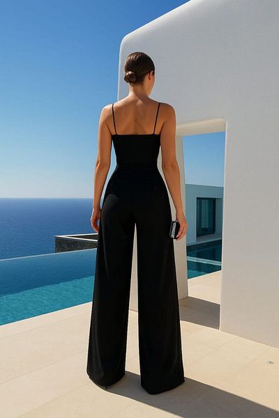 rengamoda Rochie de damă, neagră, slim fit, cu bretele din material crepon importat, cu picioare largi
