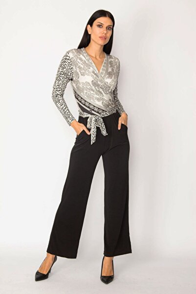 Genel Markalar Kadın Siyah Üst Kısmı Şal Desenli Anvelop Yaka Tulum 85n6204