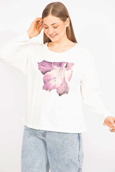 Şans Women's Bone Plus Size Cotton Fabric Capri Sleeve Printed Blouse 65n35563