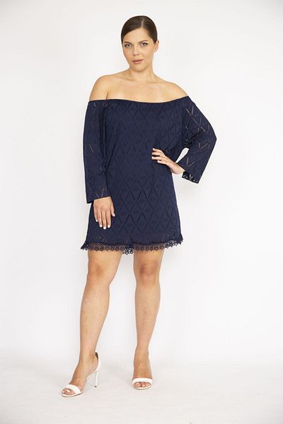 Şans Women's Large Size Navy Blue Perforated Fabric Collar Elastic Lined Tunic 65n36735