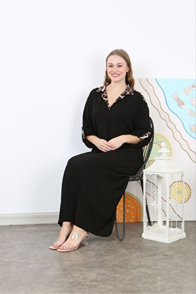 Şans Women's Large Size Black Woven Viscose Leopard Garnish Pocket Long Dress 65N38736