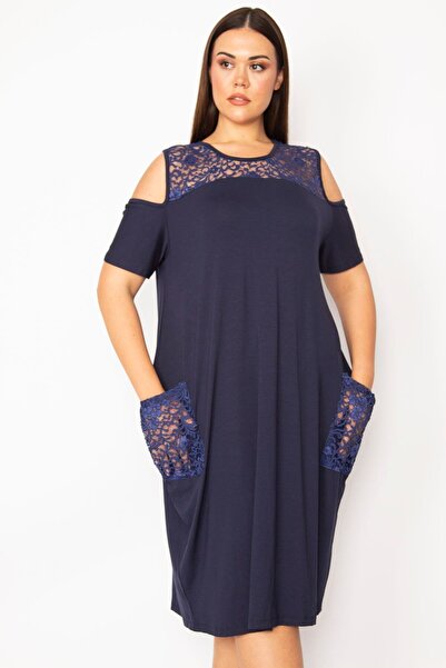Şans Women's Large Size Navy Blue Lace Dress with Pocket and Front and Back Yoke 65n29528