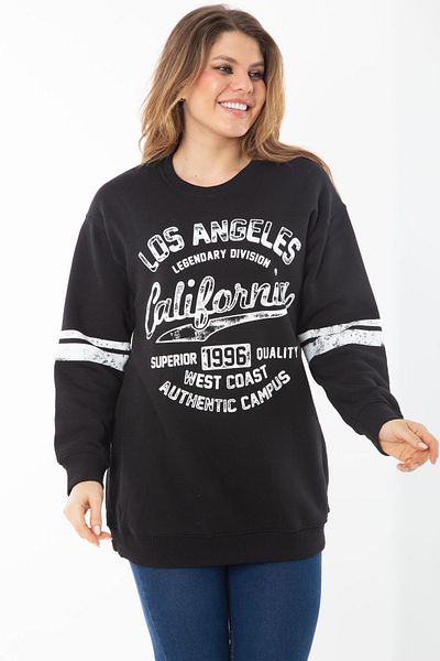 Şans Women's Large Size Black Ribbed Three Thread Sweatshirt 65N37295