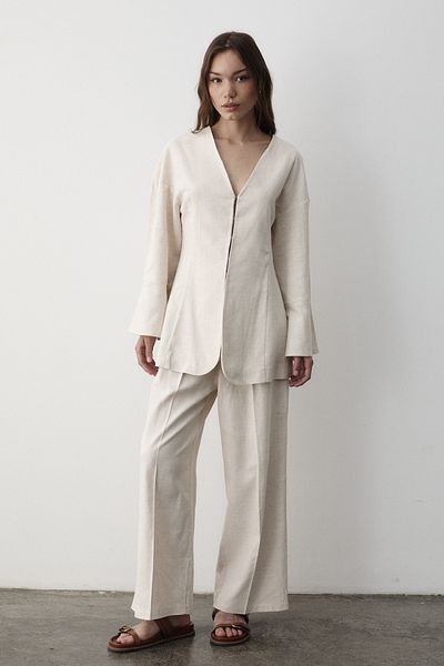 JASTE Women's V Neck Hooked Top & Elastic Pants Linen Set