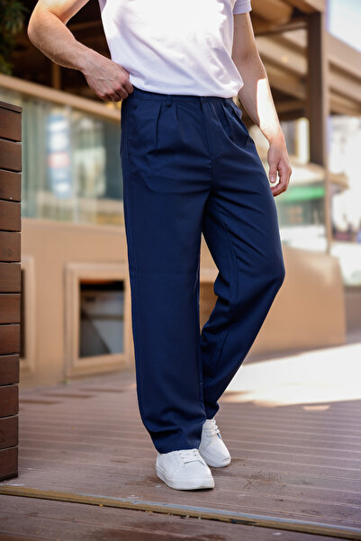 MODAMESTO Men's Navy Blue Baggy Fit Pleated Fabric Pants
