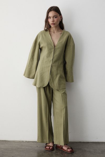 JASTE Women's V Neck Hooked Top & Elastic Pants Linen Set