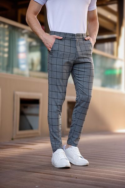 MODAMESTO Men's Smoked Plaid Slim Fit Fabric Trousers
