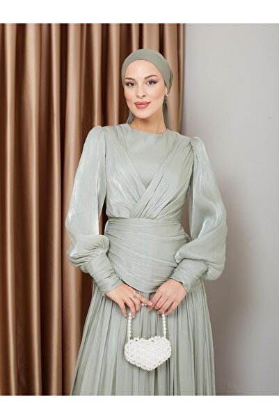 Olcay Ανοιχτό πράσινο κρυστάλλινο σιφόν χιτζάμπ βραδινό φόρεμα - Flounce and Pleat Details 1230