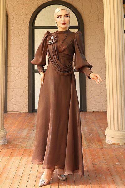 Olcay Brooch Detailed Flared Yorgo Silk Hijab Evening Dress Brown 1242