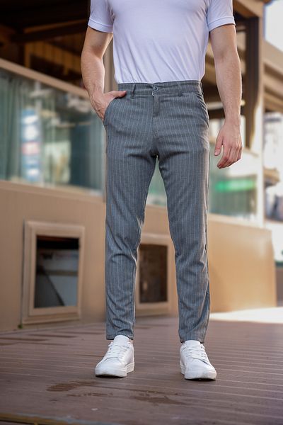 MODAMESTO Men's Smoked Slim Fit Striped Fabric Trousers
