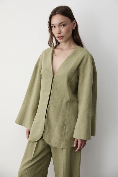 JASTE Women's V Neck Hooked Top & Elastic Pants Linen Set