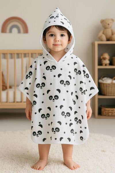 JUNİPERUS Organik %100 Pamuk Müslin Kapşonlu Plaj Çocuk Bebek Panço Bornoz Banyo Havlu 9 Yaşa Kadar