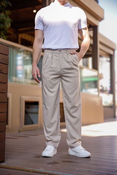 MODAMESTO Men's Beige Baggy Fit Pleated Fabric Trousers