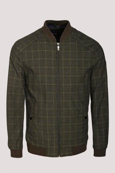 NCS Erkek Bomber Ceket Haki Keten Karışım Slim Fit Ekose Kare Desenli Ribana İnce Astar Ceket JEANS