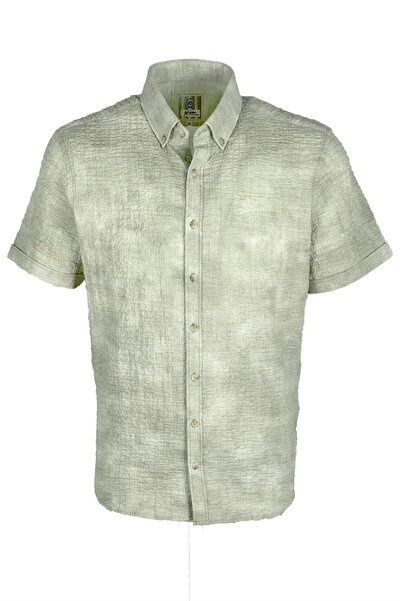 NCS Erkek Haki Gofre Kumaş Slim Fit Dar Kesim Düğme Yaka Kısa Kol Gömlek Jean...