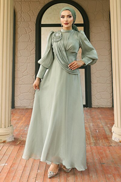 Olcay Broszka z rozkloszowanym dekoltem w kształcie hidżabu z jedwabiu Yorgo w kolorze jasnozielonym 1242