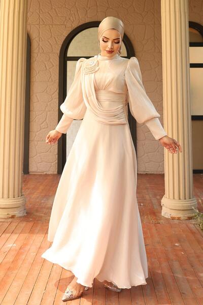 Olcay Brooch Detailed Flared Yorgo Silk Hijab Evening Dress Cream 1242