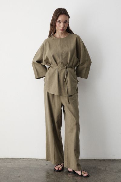 JASTE Women's Khaki Linen Oversize Top Blouse & Elastic Wide Leg Pants Double Set