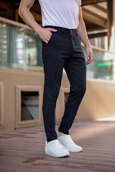 MODAMESTO Erkek Lacivert Çizgili Slim Fit Kumaş Pantolon