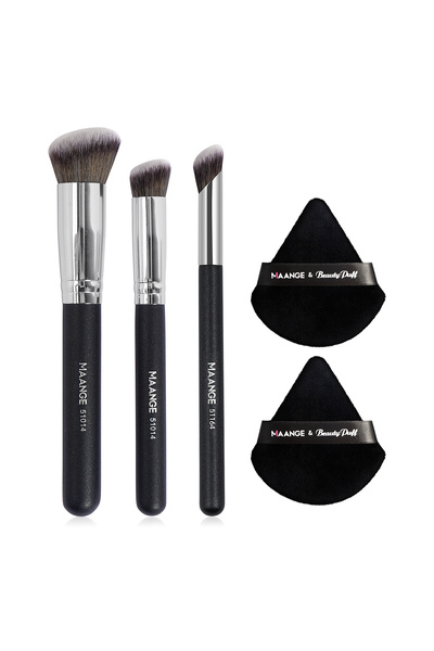 MAANGE مجموعة فرش مكياج سوداء فضية مكونة من 3 قطع + 2 منفاخ بودرة مثلث الشكل،...