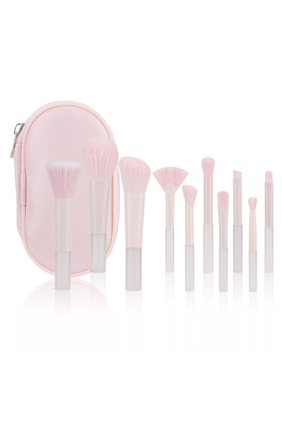 Choice1 مجموعة فرش مكياج صغيرة جديدة مكونة من 10 قطع مع حقيبة، فرشاة بودرة سائبة لظلال العيون، حقيبة سفر محمولة ناعمة