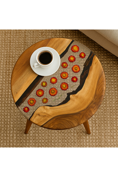 Trihome Doğal Ceviz Ağacı & Epoksi El Yapımı Yuvarlak Yan Sehpa – 50x48 cm | Özgün Tasarım