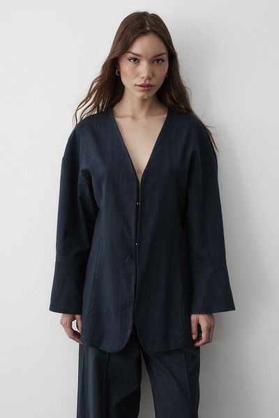 JASTE Women's Navy Blue V-Neck Hidden Button Top & Elastic Trousers Linen Suit
