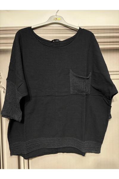 AGORATEKSTİL Γυναικεία Oversize Mesh 100% Λινό Μπλούζα