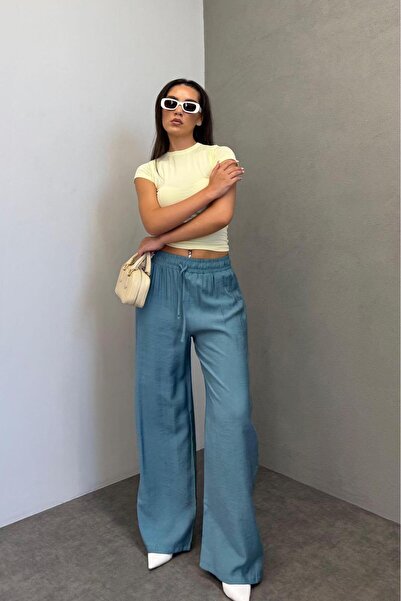 Madmext Petrol Mavisi Geniş Paça Kadın Pantolon MG1982