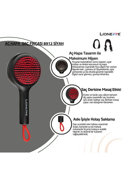 Lionesse On-Off Self-Cleaning Hair Brush 8912 Black |   Easy Cleaning, Ergonomic Design