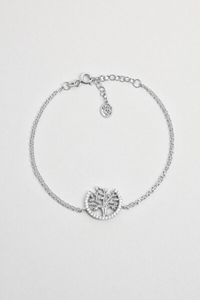 So CHIC... Hayat Ağacı 18 Ayar Beyaz Altın Kaplama Taşlı 19 Cm Gümüş Bileklik