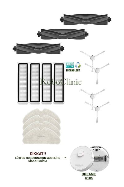 Roboclinic Dreame D10S Compatible Replacement Brush, Hepa Filter, Mop Set-15 Pieces