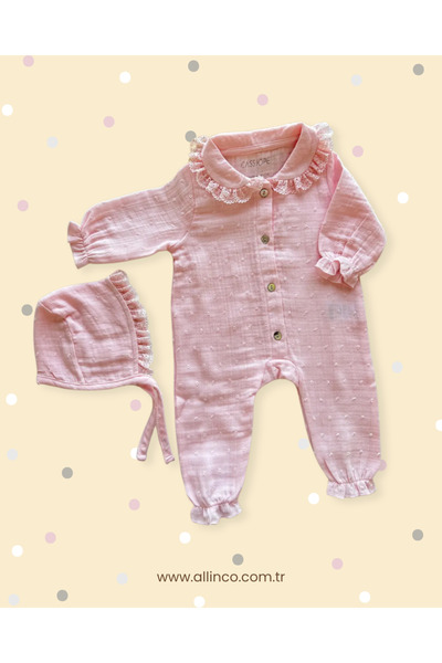 Cassiope Allin'co -Cassiope %100 organik pamuklu Müslin Yenidoğan Kız Bebek Hastane Çıkış Seti Pembe
