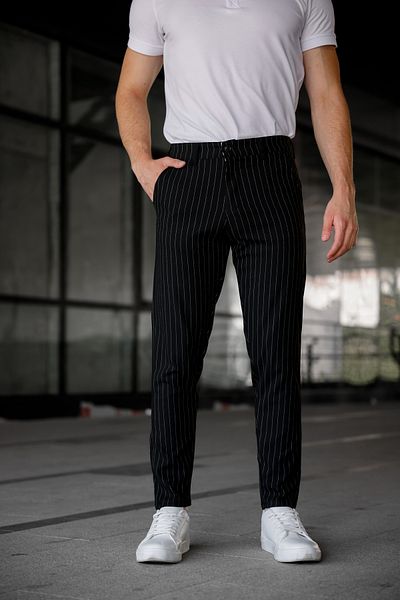 Ser Joven Men's Black Slim Fit Striped Fabric Trousers
