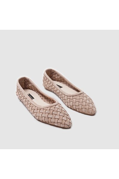 TOGO Taş Süet Gri Örgü Hakiki Deri Kadın Babet Ayakkabı [060112] – Düz Taban