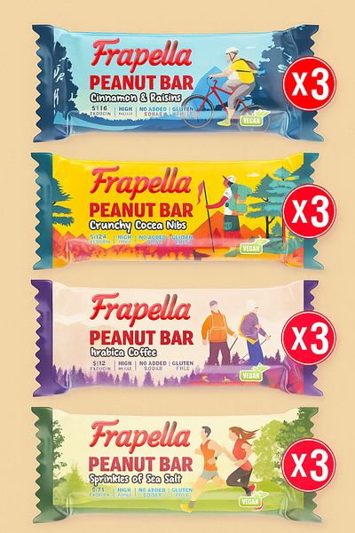 Frapella Fruit Peanut Bar Trial Pack Vegan Without Added Sugar 40 Gr. X 12 Pieces